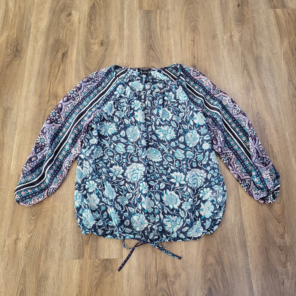 Lucky Brand Vintage Floral Sheer Top Size Medium Front Tie Boho Festival Beachy